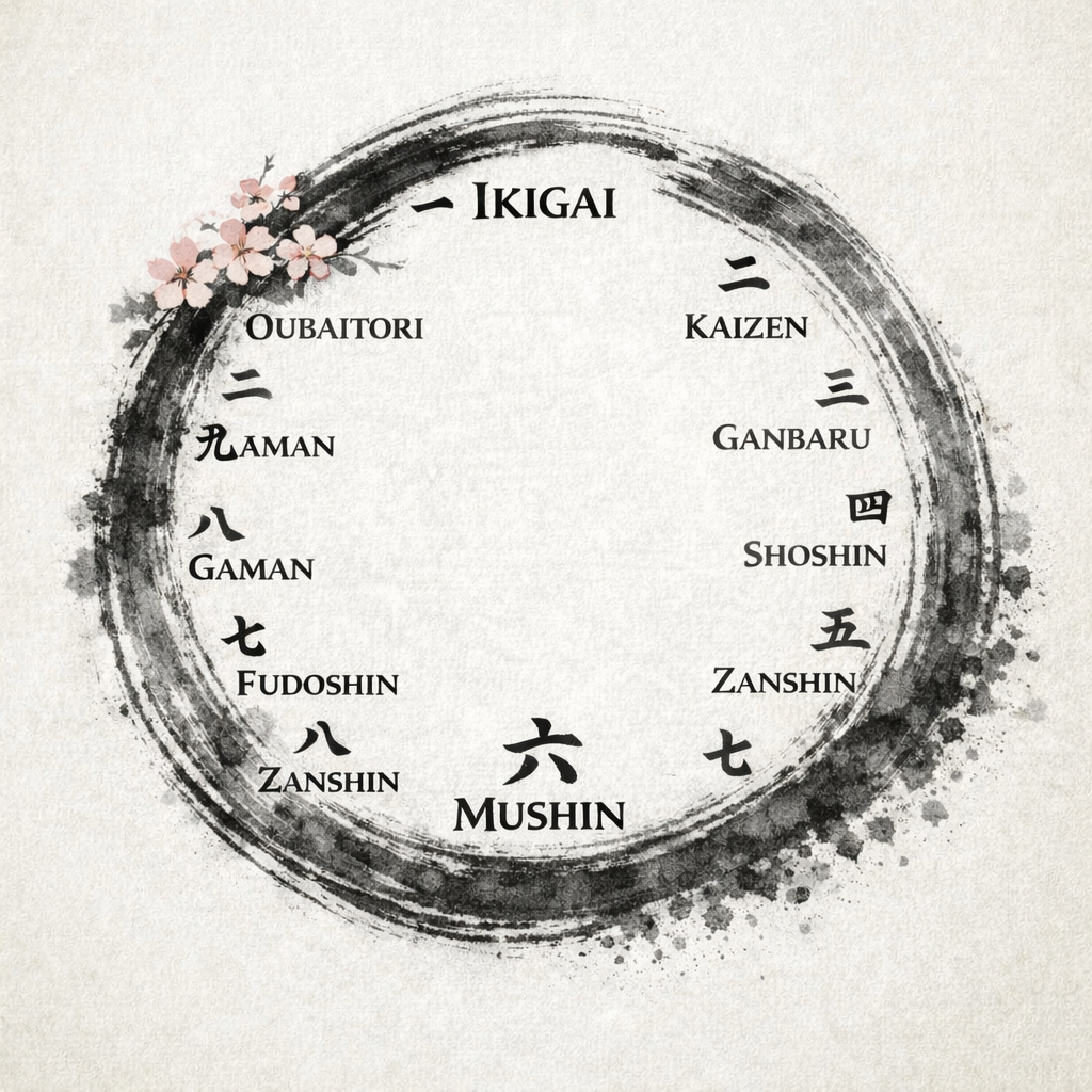 Enso circle with ten budo concepts — visual reference for LivingTheWay